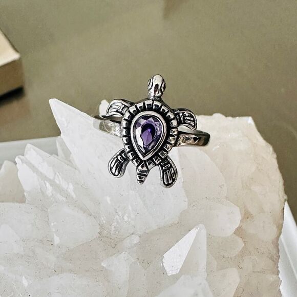 Stainless Steel Turtle Ring With Amethyst CZ - Picture 2 of 6